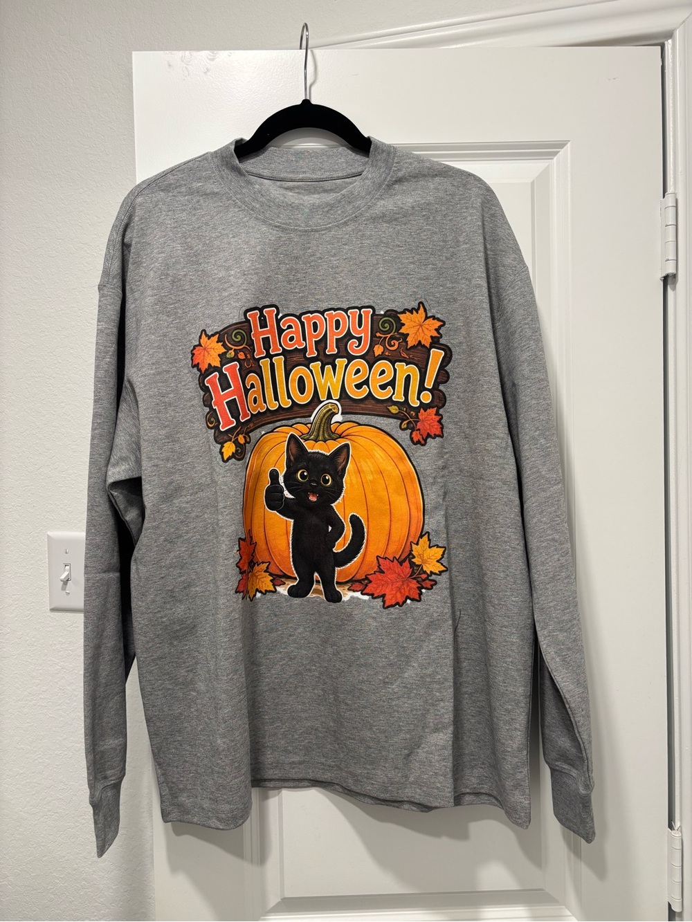 Gray "Happy Halloween" Long-Sleeve Shirt with Black Cat Pumpkin Graphic